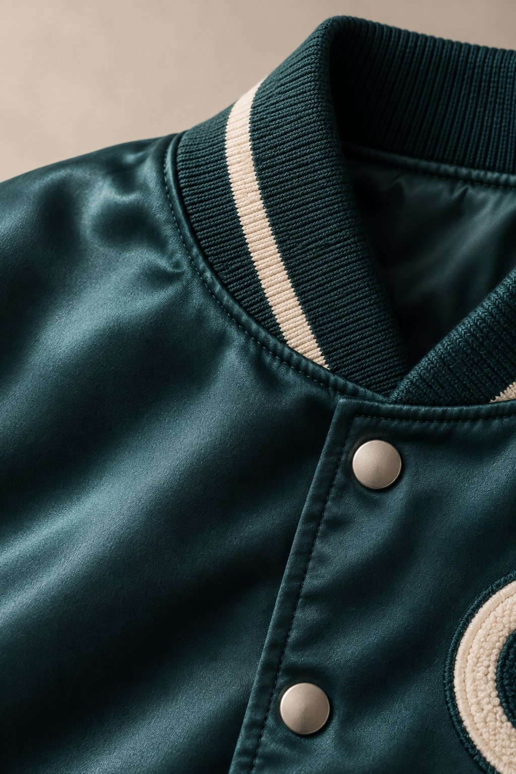 Close detail of a teal satin varsity jacket: striped rib collar, snap placket and chenille patch