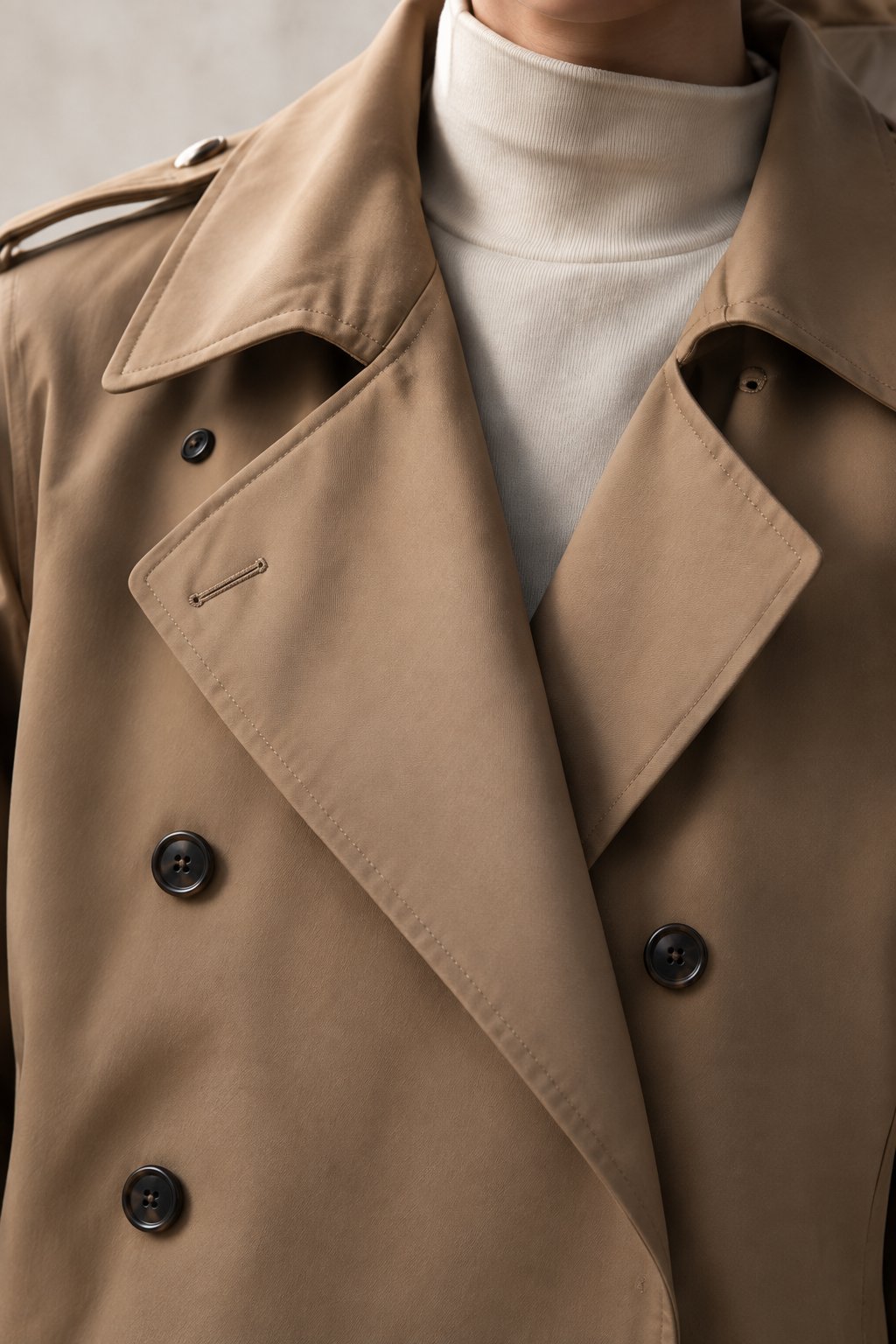 Double-breasted trench lapel and horn buttons