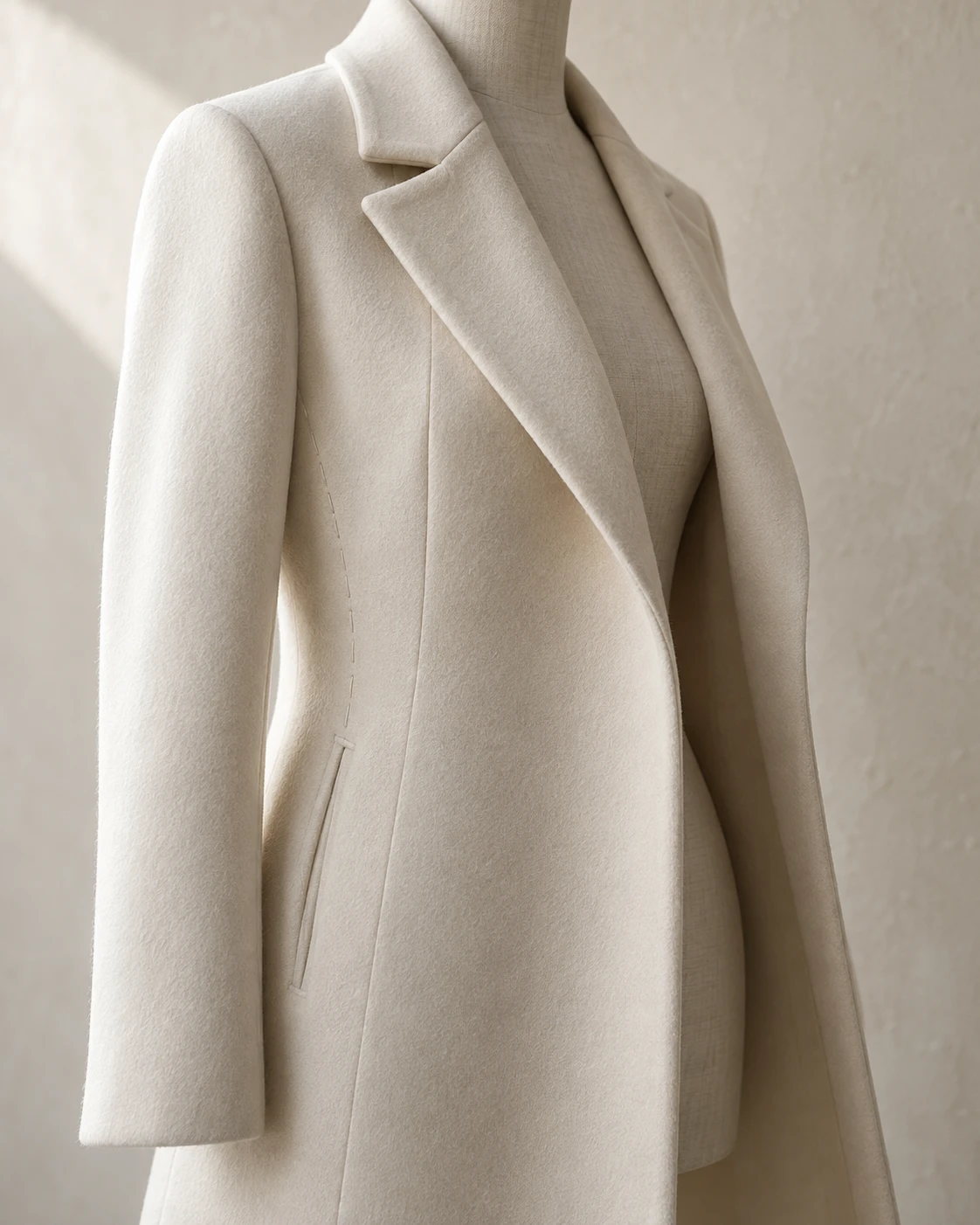 Cream wool coat on a dress form mid-fitting, with white basting stitches along the side seam