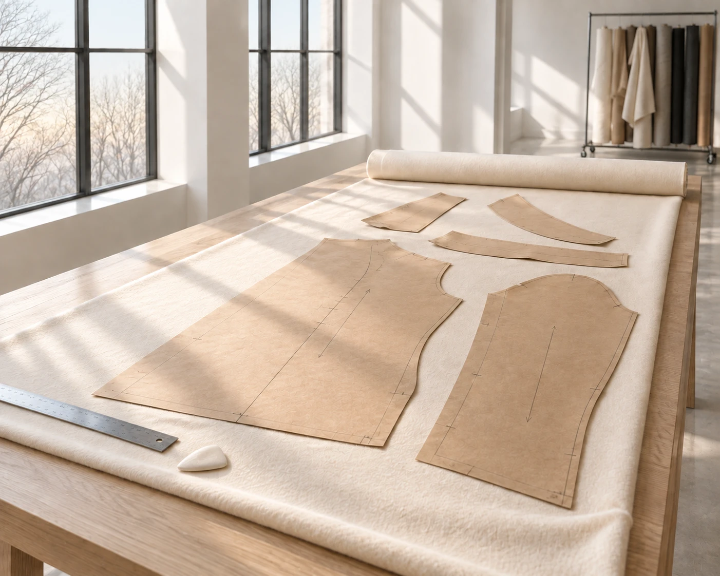Morning sun across a pale oak cutting table, with kraft-paper coat patterns laid on cream wool cloth beside a steel ruler and tailor's chalk