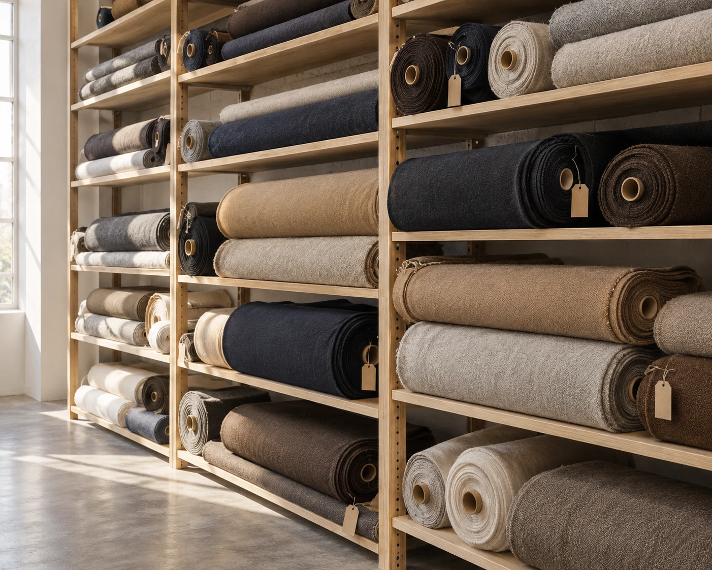 Oak shelves stacked with tagged bolts of wool coating in camel, navy, charcoal, oatmeal and brown, lit by morning sun