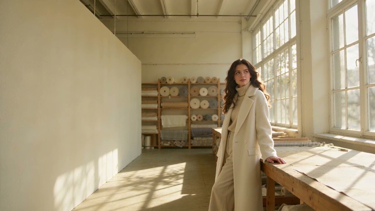A woman in a cream wool coat leans on a cutting table in a sunlit fabric studio, rolls of wool on the shelves behind her