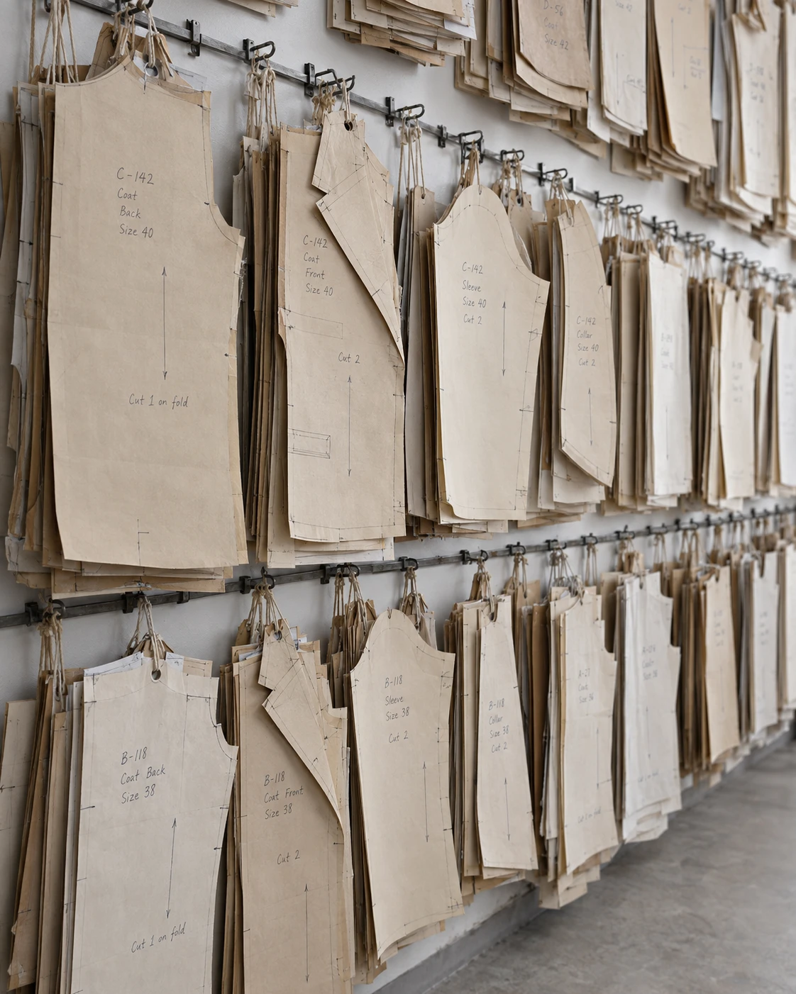 A workshop wall hung with dozens of kraft-paper coat patterns, each marked by hand with style number, piece and size