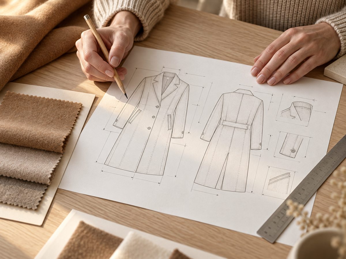 A pattern maker reviews a coat tech pack beside camel wool swatches