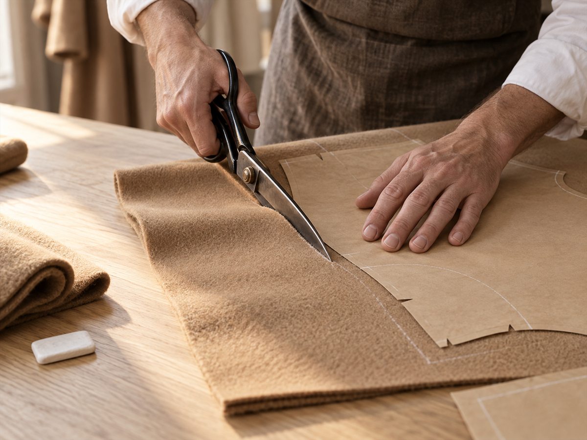 Cutting a sample panel from camel wool along a kraft-paper pattern