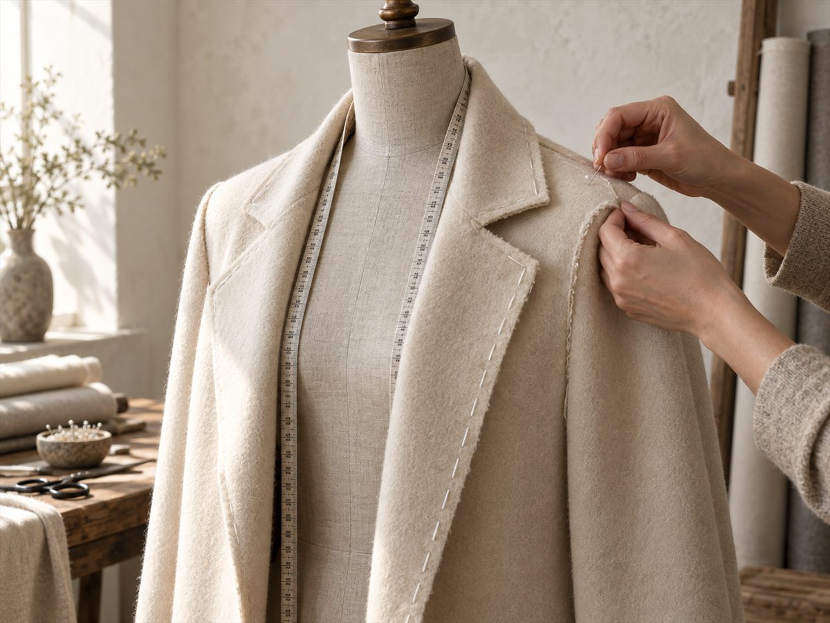 A tailor pins the shoulder of a cream wool coat on a dress form