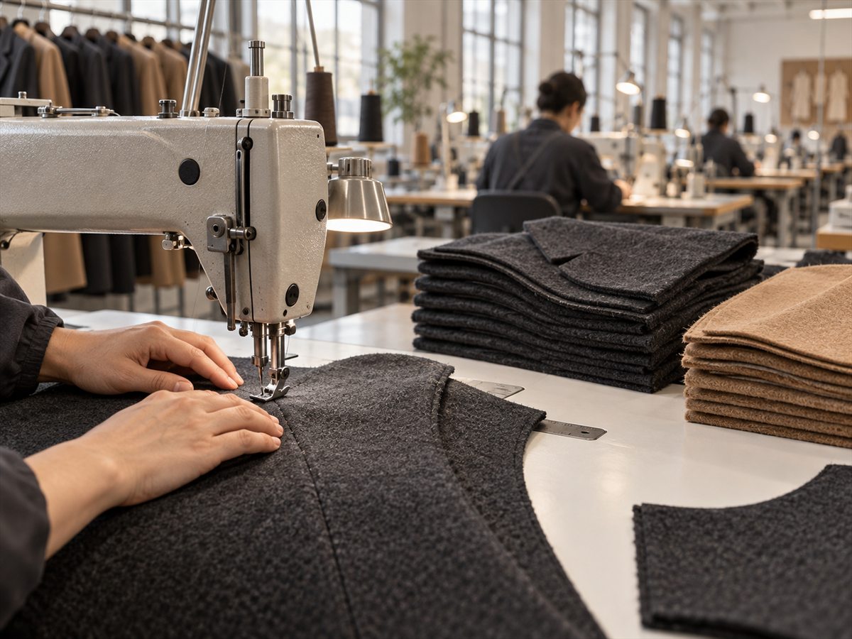 Sewing a charcoal wool panel on an industrial machine, with cut panels stacked beside it