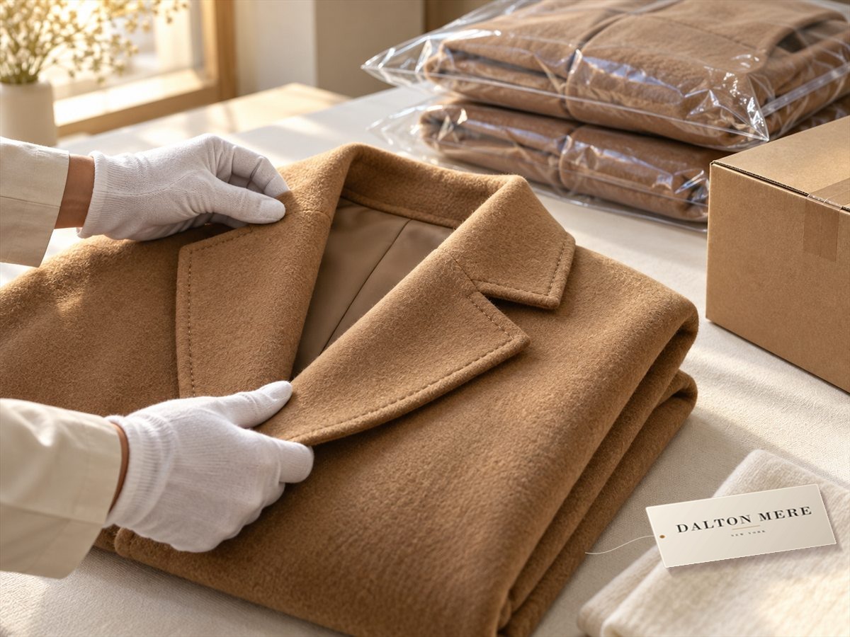Gloved hands check the lapel of a folded camel coat before packing, its hang tag laid out beside it